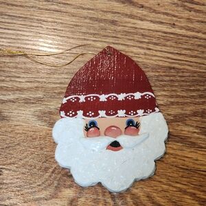 Vintage Handmade Painted Wooden Jolly Santa Ornament